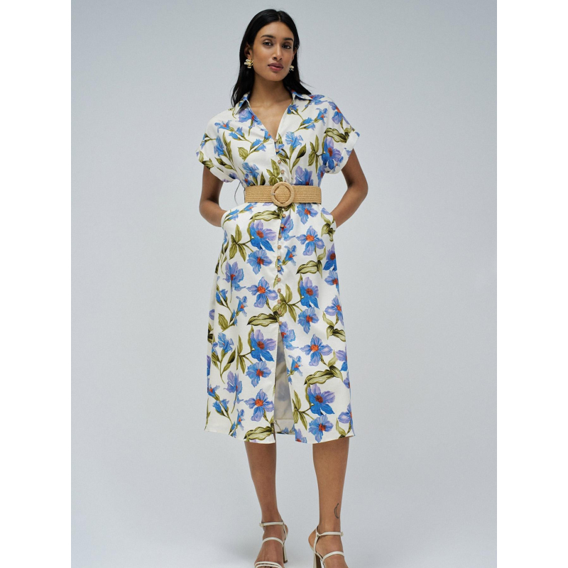 Robe à fleurs boutonnée blanc bleu femme - Salsa