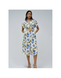 Robe à fleurs boutonnée blanc bleu femme - Salsa