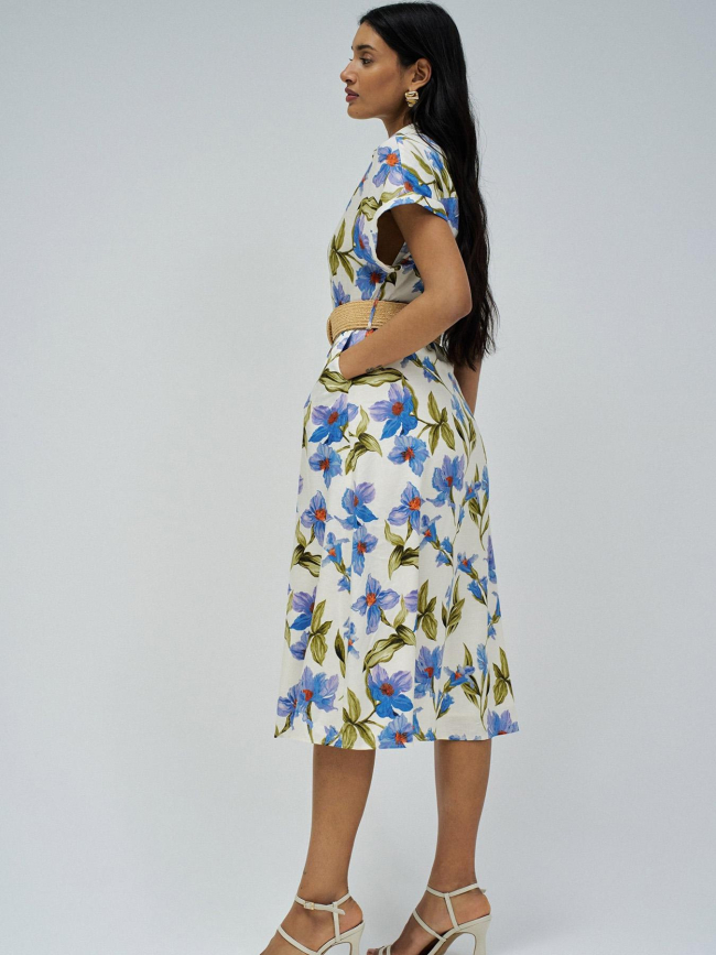 Robe à fleurs boutonnée blanc bleu femme - Salsa