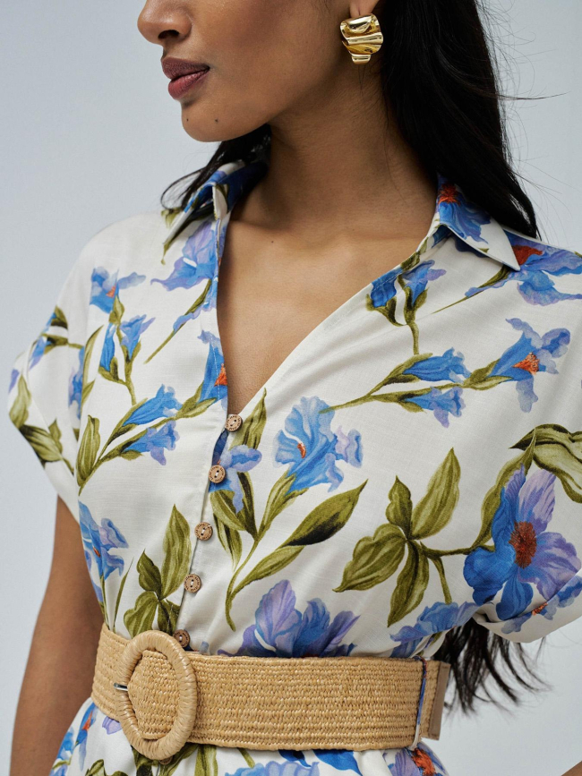 Robe à fleurs boutonnée blanc bleu femme - Salsa