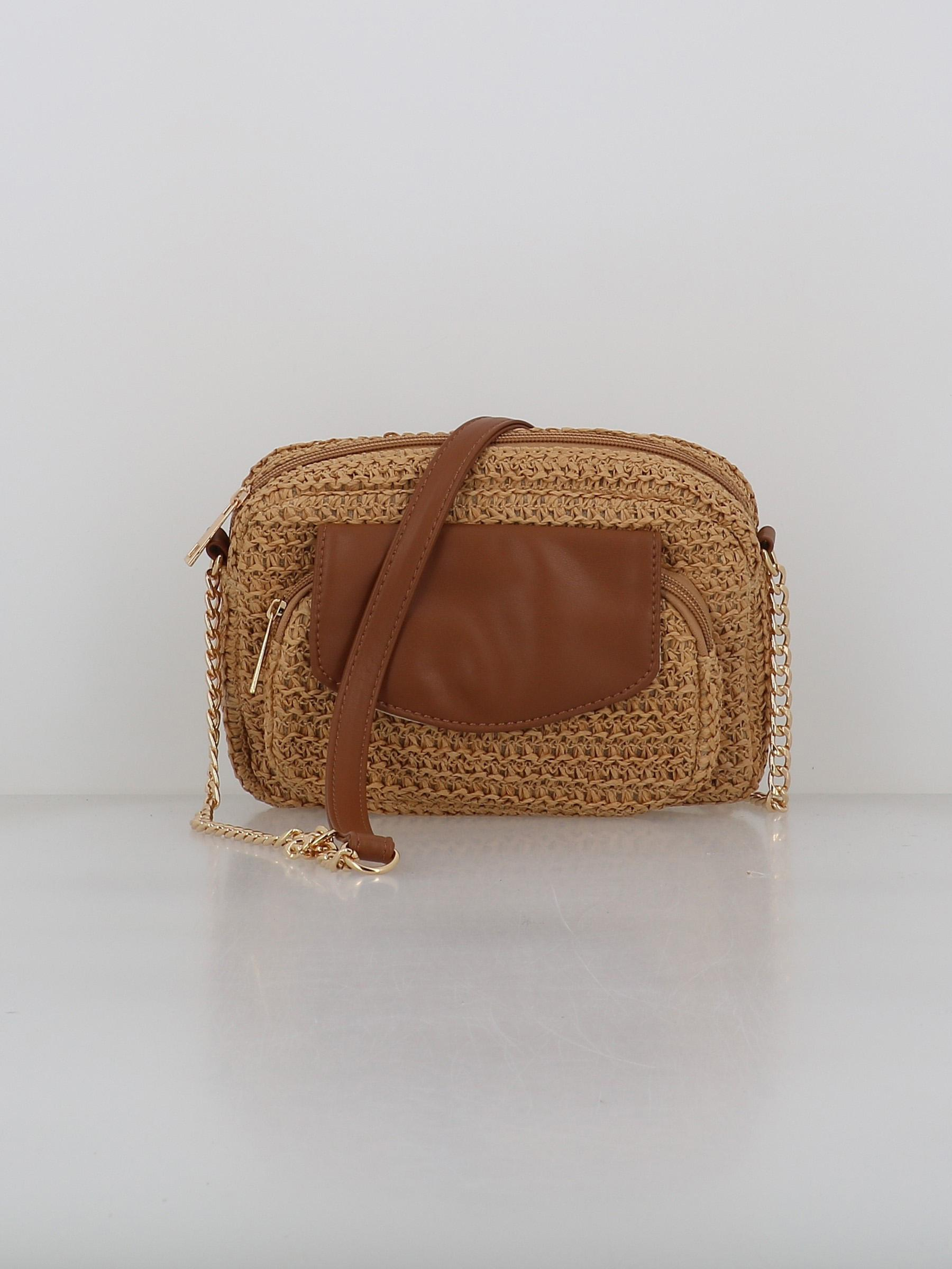 Sac bandoulière en paille godette marron femme - Pieces