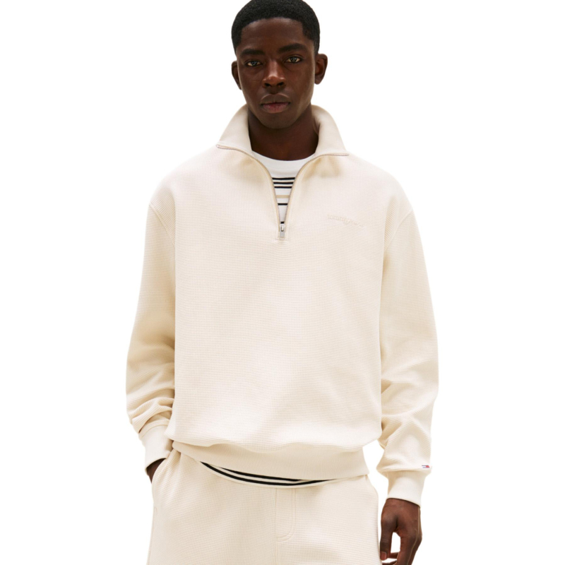 Sweat à tissage alvéolé et col zippé beige homme - Tommy Jeans