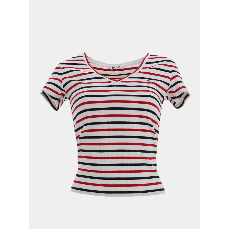 T-shirt ajusté à rayures et col ve blanc femme - Tommy Jeans