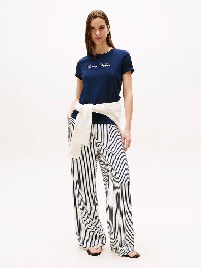 T-shirt logo script argenté bleu marine femme - Tommy Hilfiger