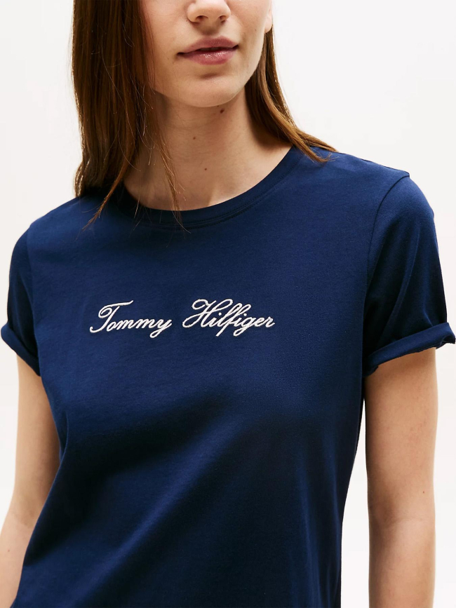 T-shirt logo script argenté bleu marine femme - Tommy Hilfiger