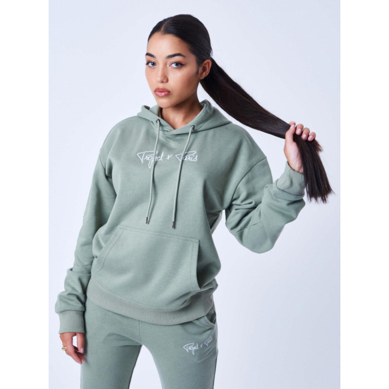 Sweat à capuche classique logo brodé kaki femme - Project X Paris