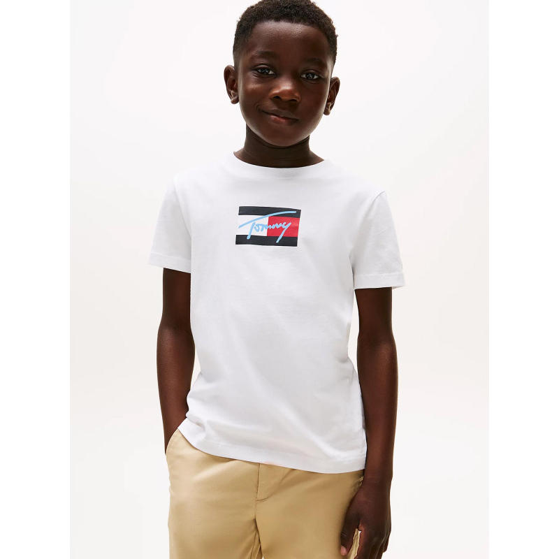 T-shirt à col ras-du-cou et logo signature blanc garçon - Tommy Hilfiger