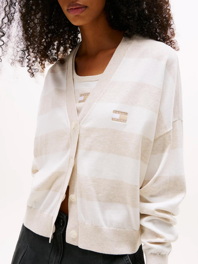 Gilet cardigan rayé relax beige blanc femme - Tommy Jeans