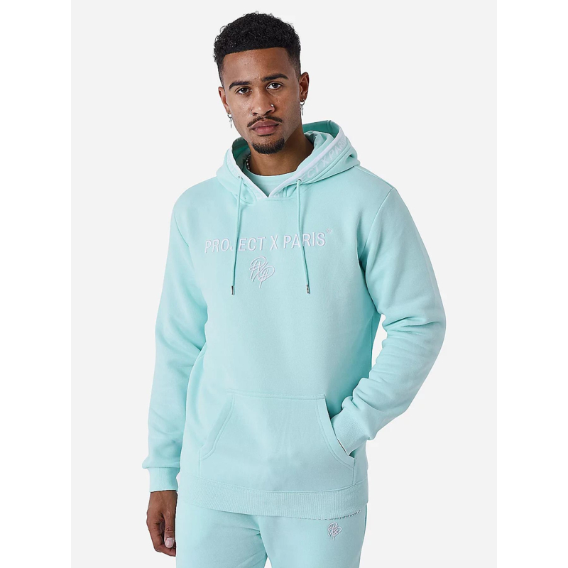 Sweat à capuche logo signature brodé turquoise homme - Project X Paris