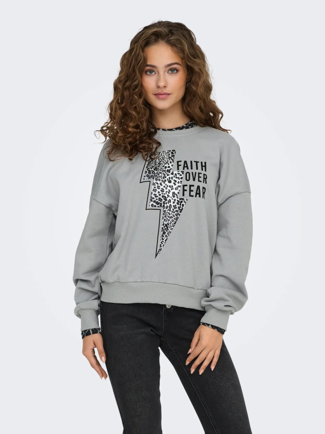 Sweat à col rond et éclair léopard onlruna gris femme - Only