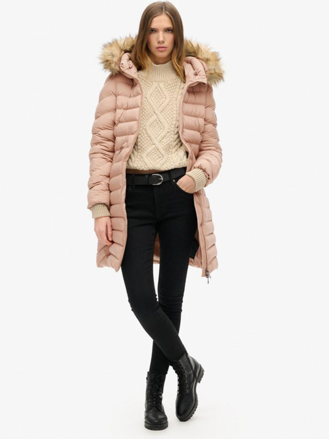 Doudoune mi-longue à capuche fuji beige femme - Superdry