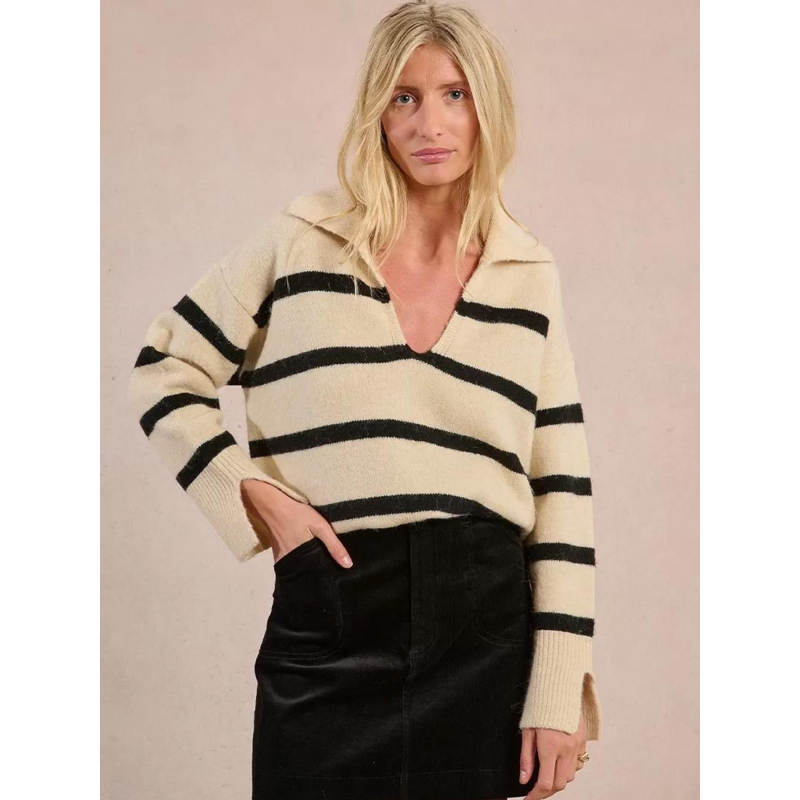 Pull polo rayé beige et noir femme - Molly Bracken