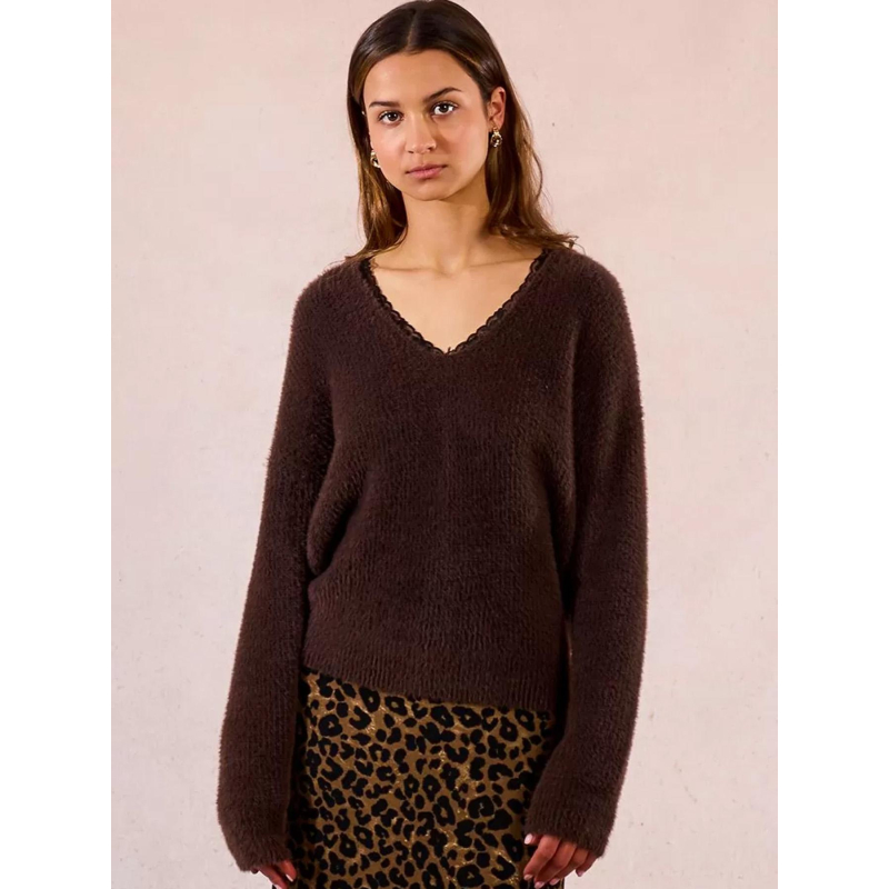 Pull à col en v dentelé marron femme - Molly Bracken