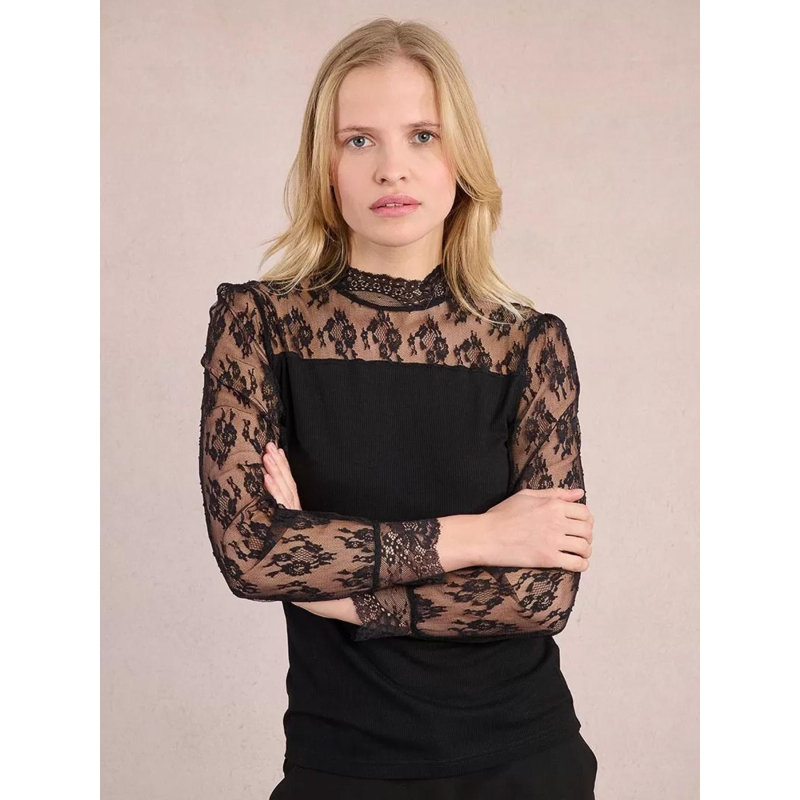 Top manches longues dentelle côtelé noir femme - Molly Braken