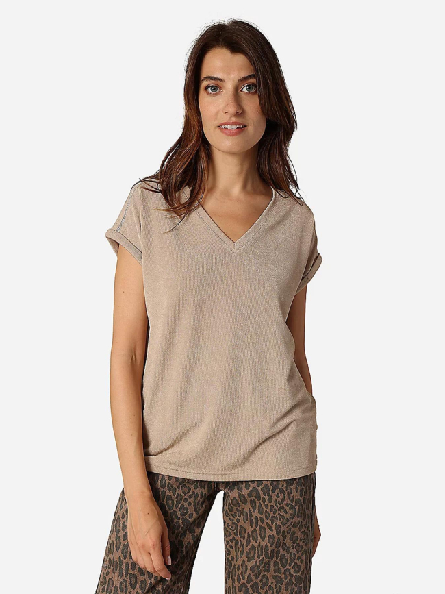 T-shirt col v kriva beige femme - Deeluxe