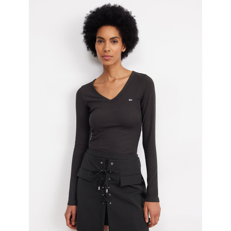 T-shirt slim côtelé à manches longues noir femme - Tommy Jeans