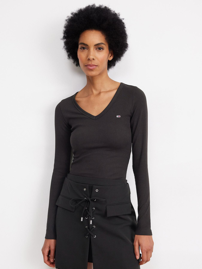 T-shirt slim côtelé à manches longues noir femme - Tommy Jeans