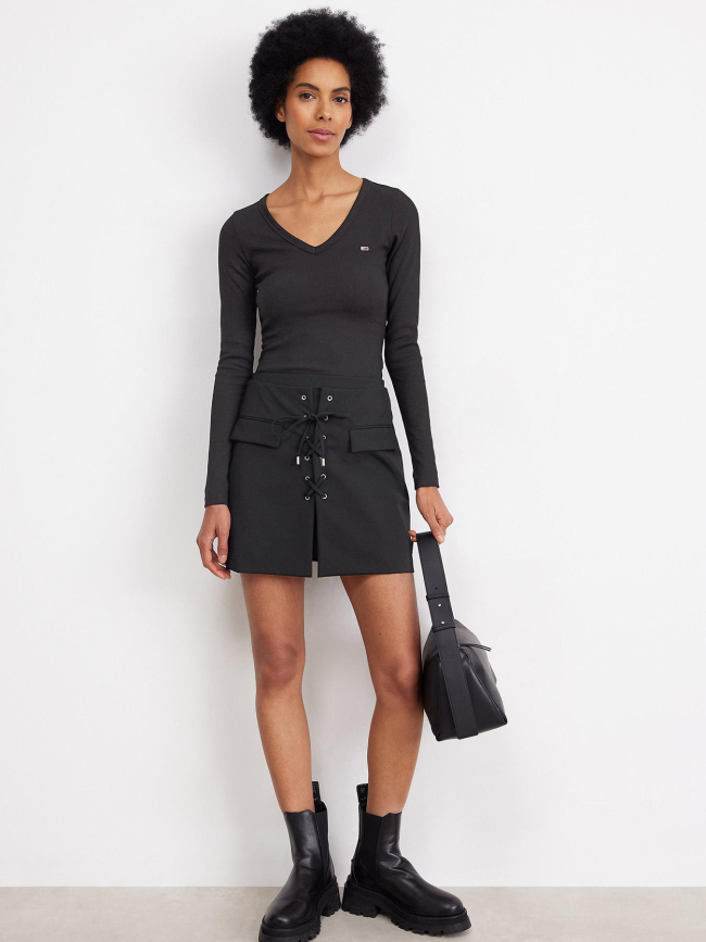 T-shirt slim côtelé à manches longues noir femme - Tommy Jeans