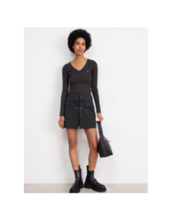 T-shirt slim côtelé à manches longues noir femme - Tommy Jeans