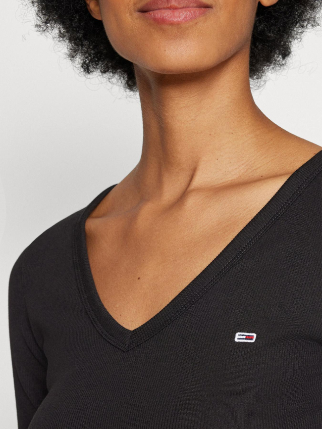 T-shirt slim côtelé à manches longues noir femme - Tommy Jeans