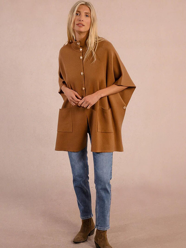 Cape longue boutonnée camel marron femme - Molly Bracken