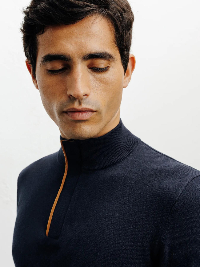 Pull à col montant demi zippé bacary bleu marine homme - Izac