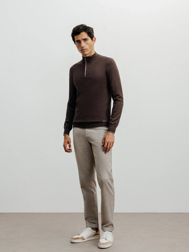 Pull à col montant demi zippé bacary marron homme - Izac