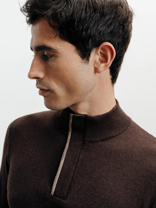 Pull à col montant demi zippé bacary marron homme - Izac