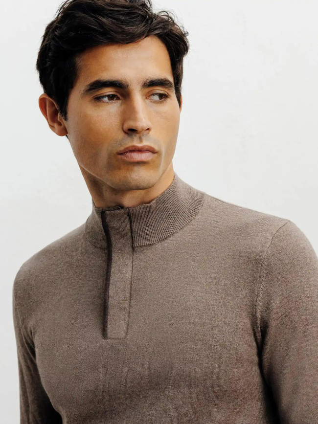 Pull à col montant demi zippé bacary marron clair homme - Izac