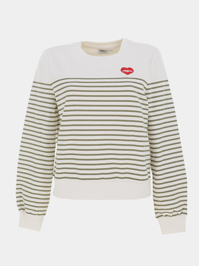 Sweat rayé à col rond onlbine blanc et kaki femme - Only