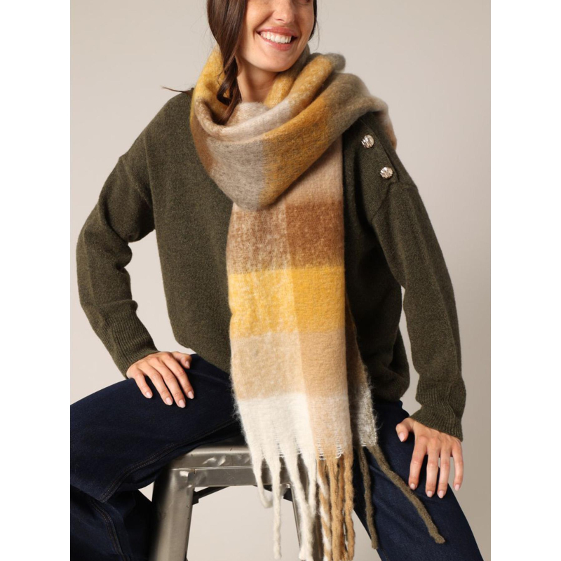 Echarpe check jaune marron kaki femme - Deeluxe