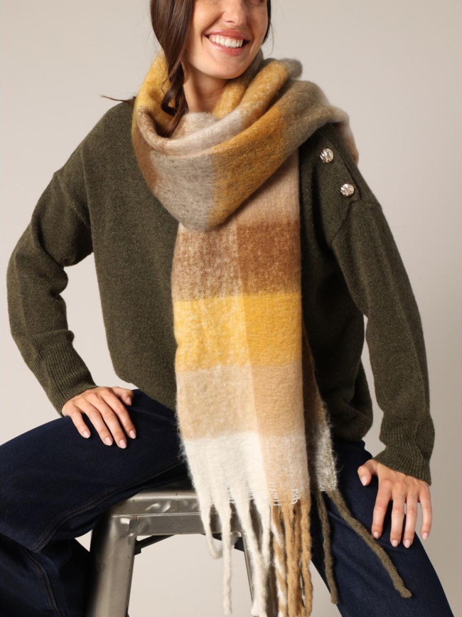Echarpe check jaune marron kaki femme - Deeluxe