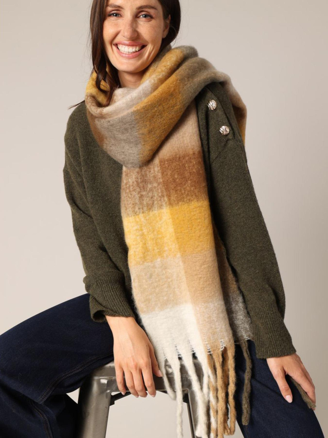 Echarpe check jaune marron kaki femme - Deeluxe