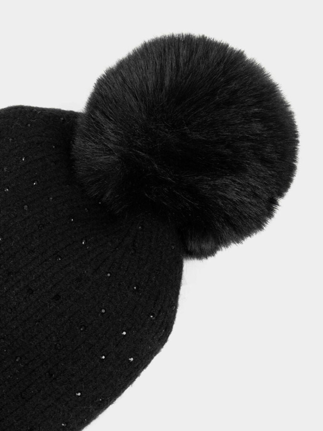 Bonnet avec strass et pompon noir femme - Morgan
