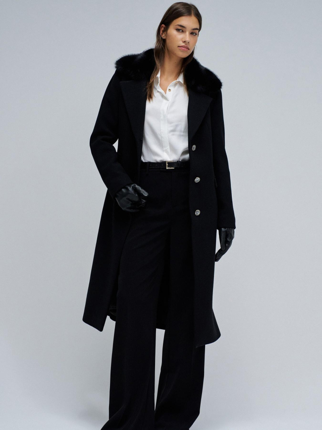 Veste longue en tissu avec col en fourrure noir femme - Salsa