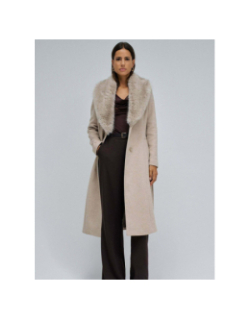 Manteau long chiné en laine et fausse fourrure beige femme - Salsa
