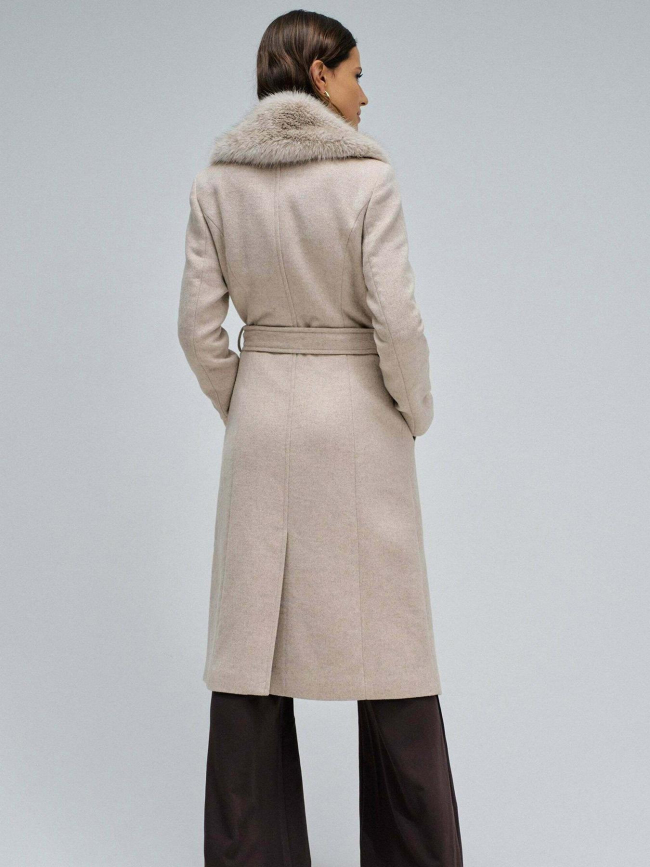 Manteau long chiné en laine et fausse fourrure beige femme - Salsa