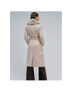 Manteau long chiné en laine et fausse fourrure beige femme - Salsa